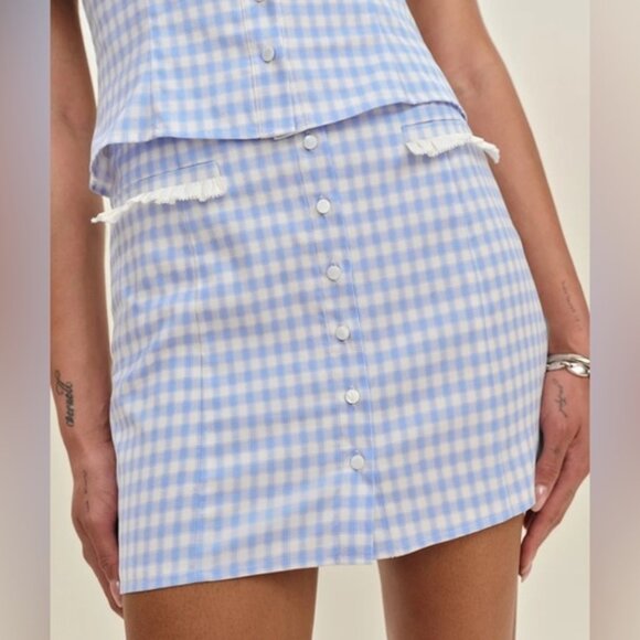 NEW Reformation Janell Two Piece Set Crystal Check Light Blue White | US 2 UK 6 - Picture 2 of 12